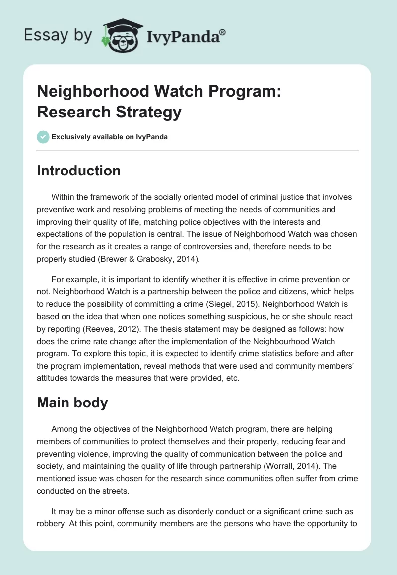 Neighborhood Watch Program: Research Strategy. Page 1