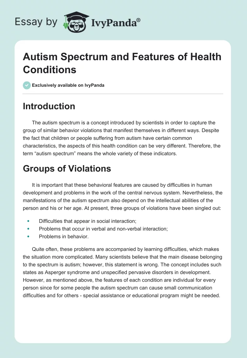 Autism Spectrum and Features of Health Conditions. Page 1
