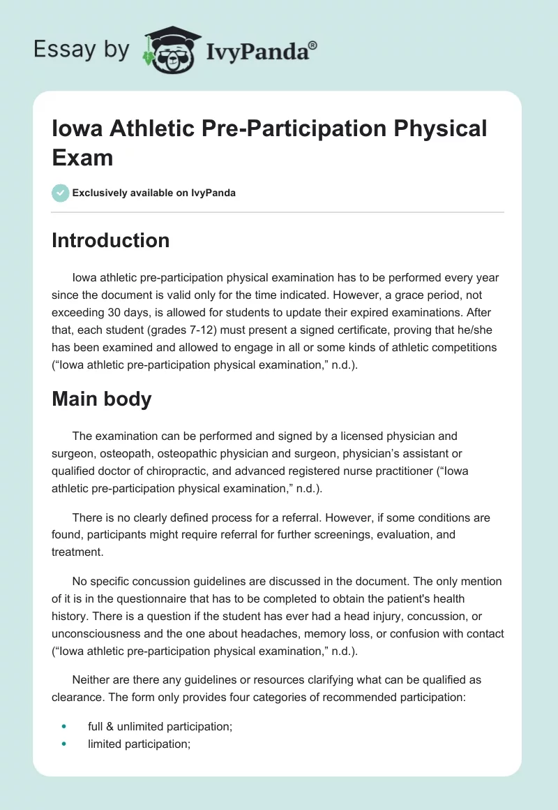 Iowa Athletic Pre-Participation Physical Exam. Page 1
