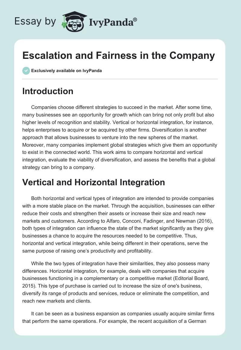 Escalation and Fairness in the Company. Page 1