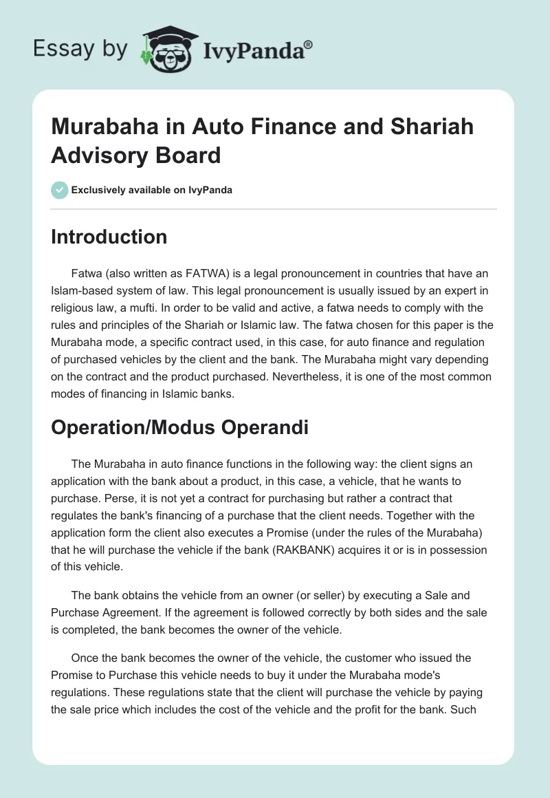 Murabaha in Auto Finance and Shariah Advisory Board. Page 1