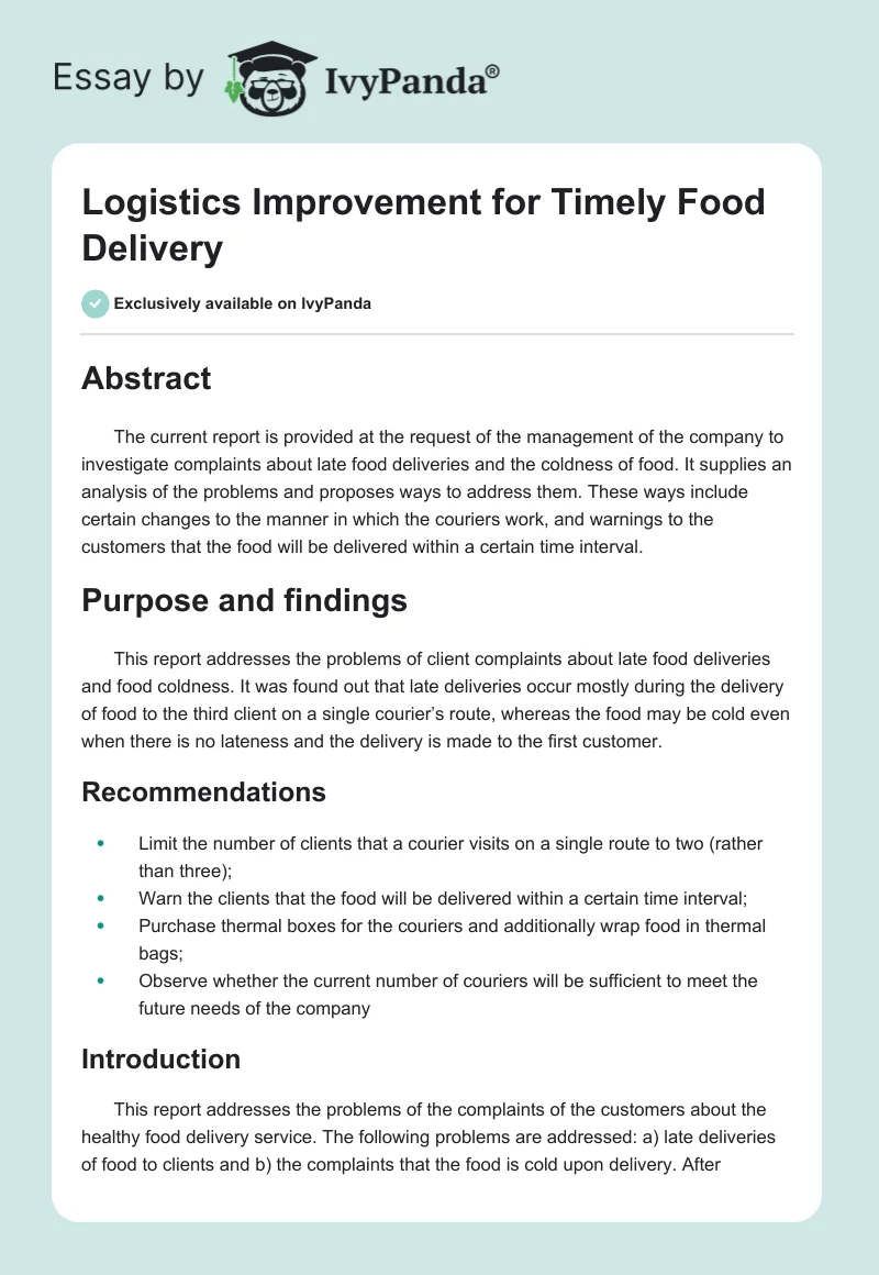 Logistics Improvement for Timely Food Delivery. Page 1