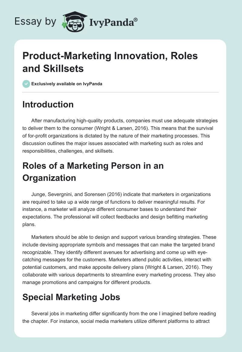 Product-Marketing Innovation, Roles and Skillsets. Page 1