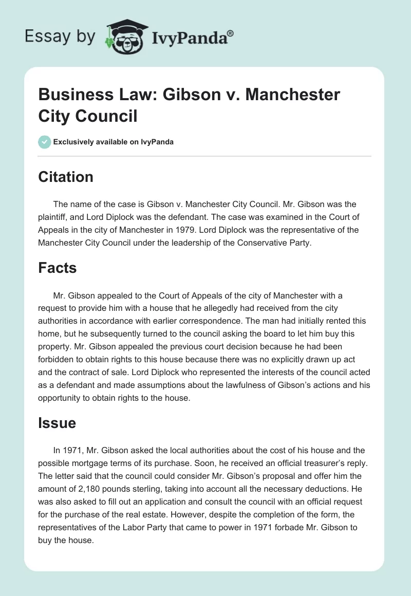 Business Law: Gibson v. Manchester City Council. Page 1