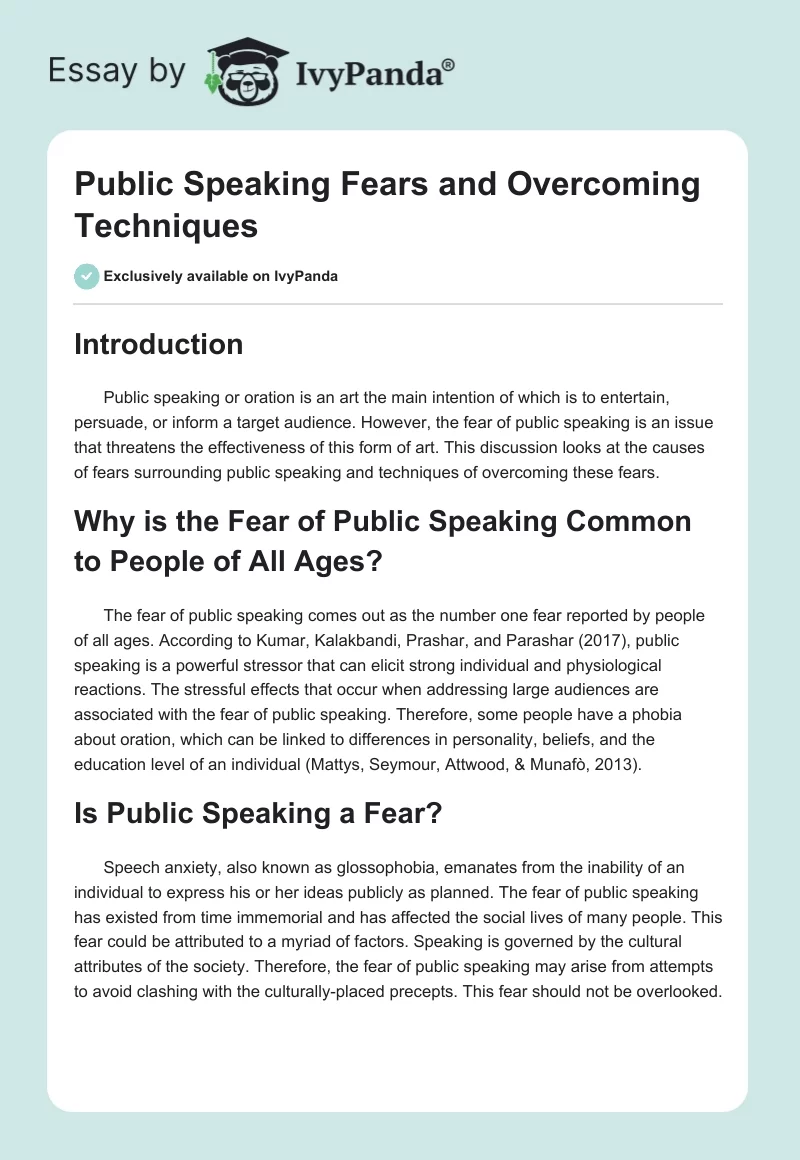 Public Speaking Fears and Overcoming Techniques. Page 1