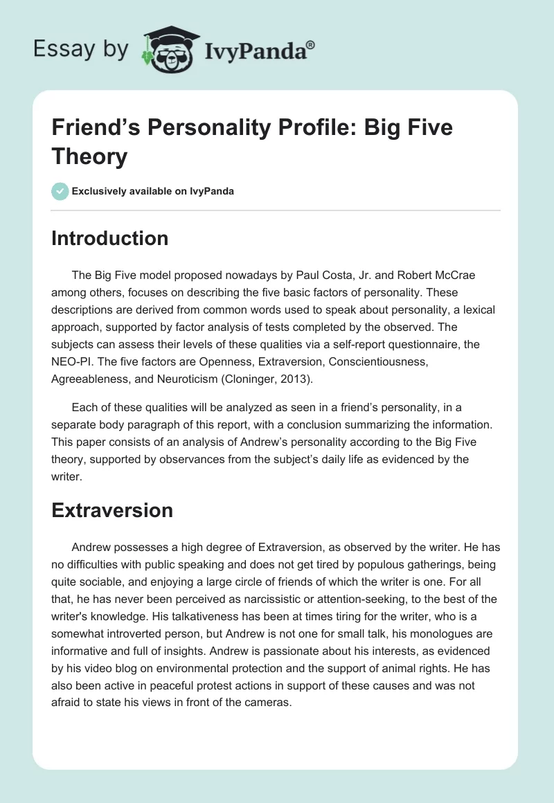 Friend’s Personality Profile: Big Five Theory. Page 1