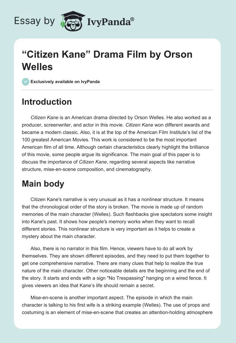 “Citizen Kane” Drama Film by Orson Welles. Page 1