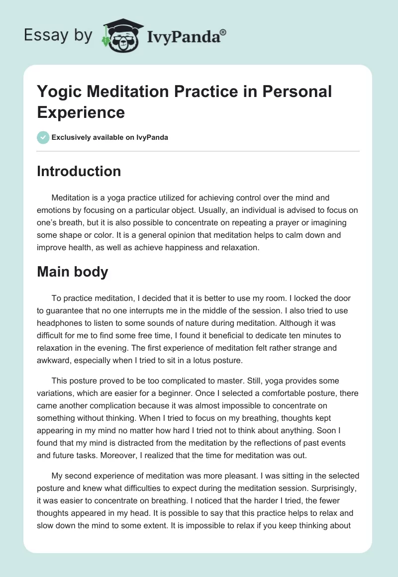 Yogic Meditation Practice in Personal Experience. Page 1