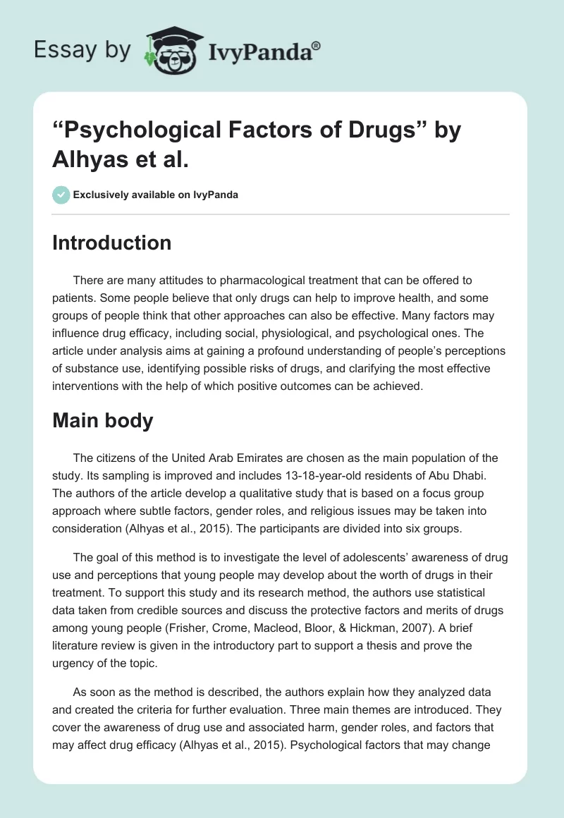 “Psychological Factors of Drugs” by Alhyas et al.. Page 1