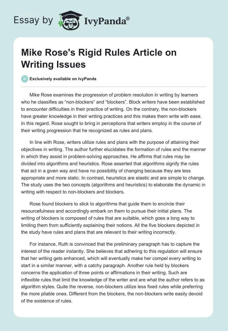 Mike Rose's "Rigid Rules" Article on Writing Issues. Page 1