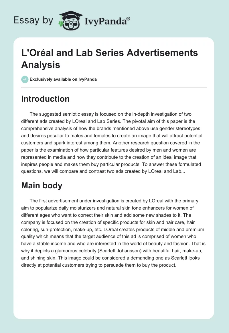 L'Oréal and Lab Series Advertisements Analysis. Page 1