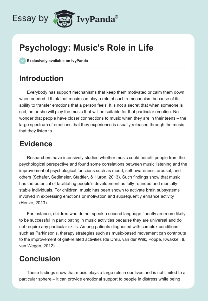 Psychology: Music's Role in Life. Page 1