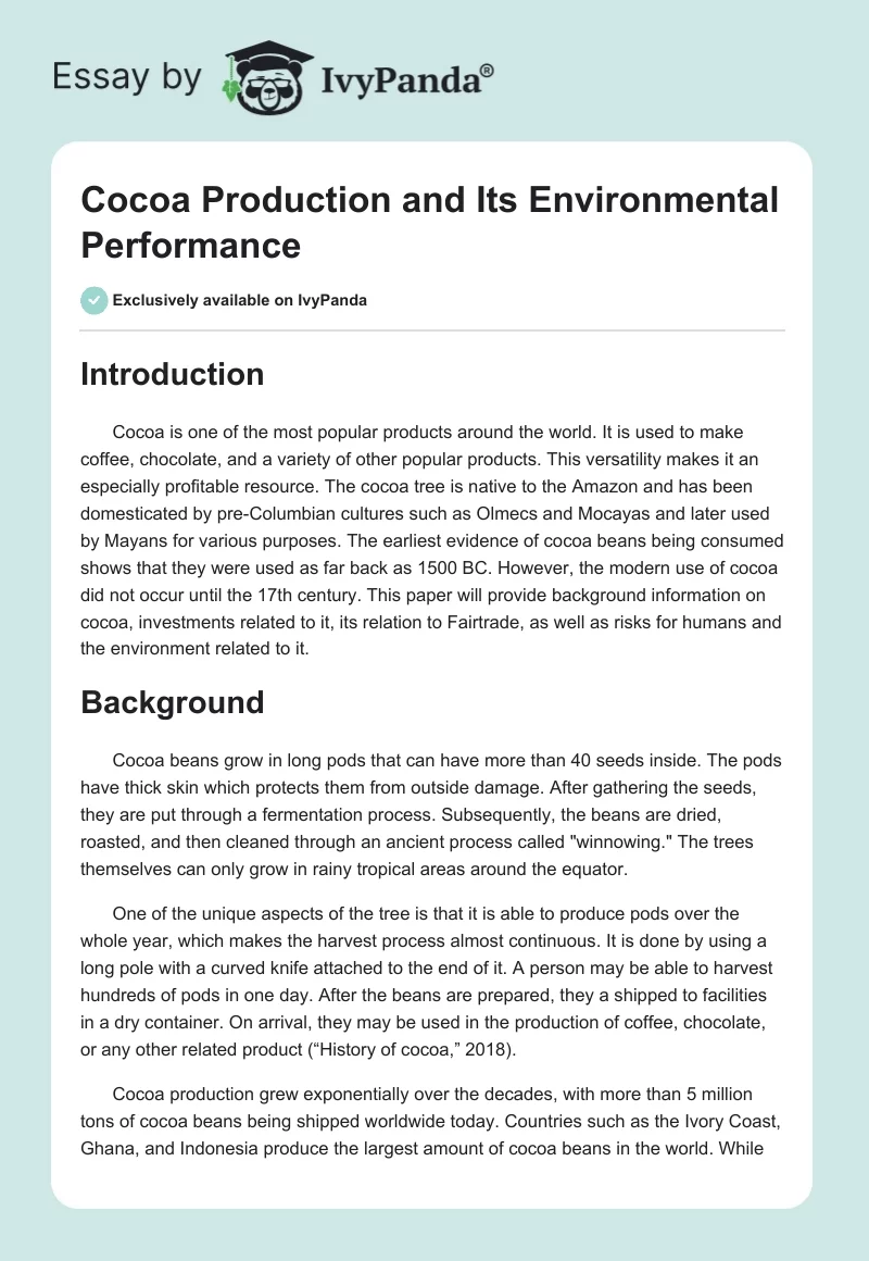 Cocoa Production and Its Environmental Performance. Page 1