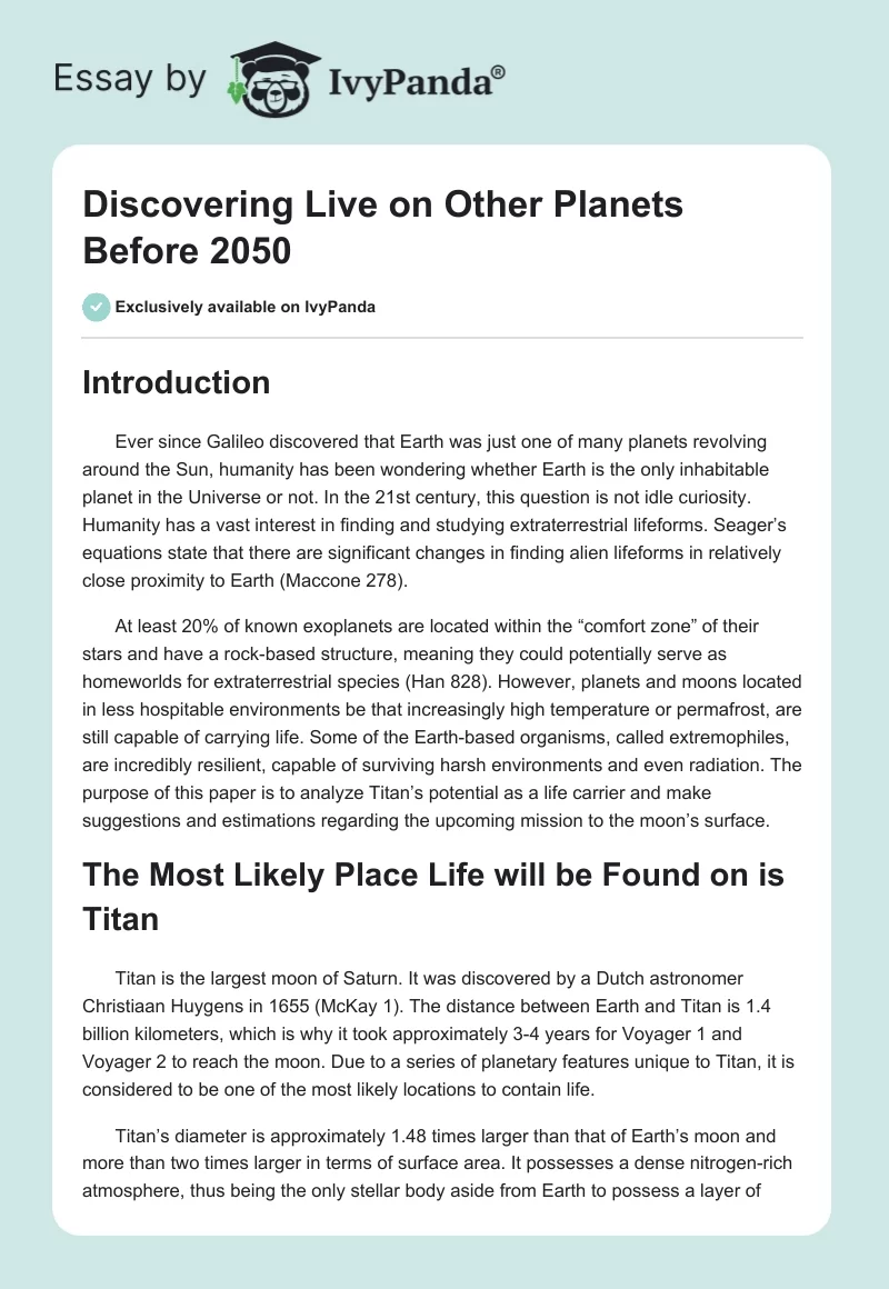 Discovering Live on Other Planets Before 2050. Page 1