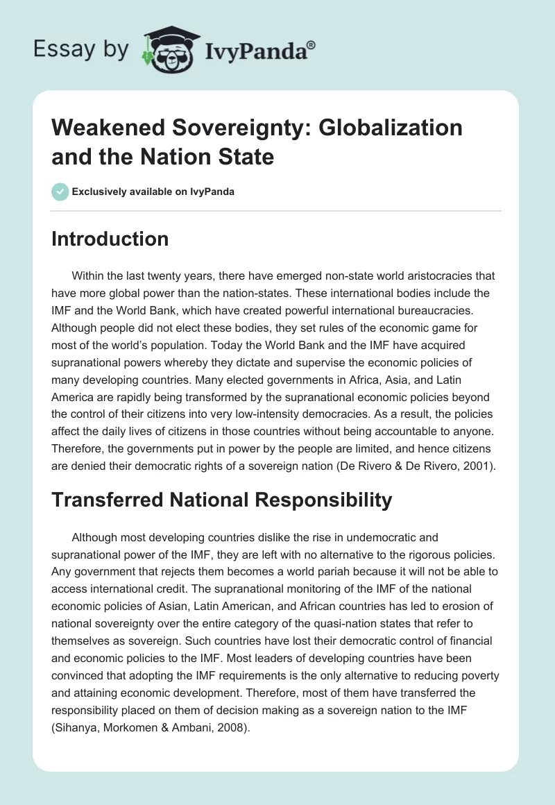 Weakened Sovereignty: Globalization and the Nation State. Page 1