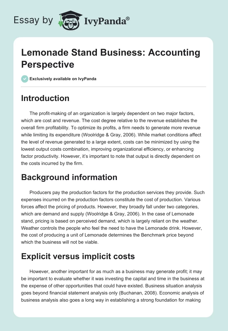 Lemonade Stand Business: Accounting Perspective. Page 1