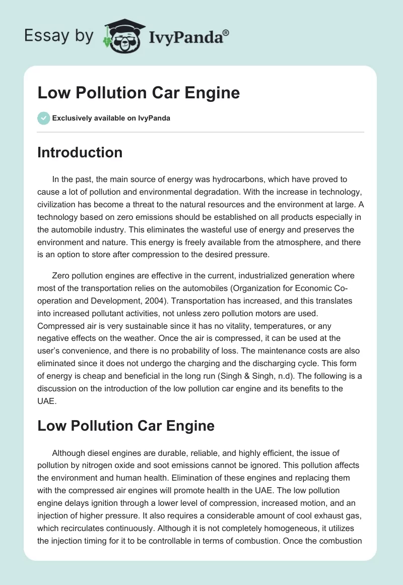 Low Pollution Car Engine. Page 1
