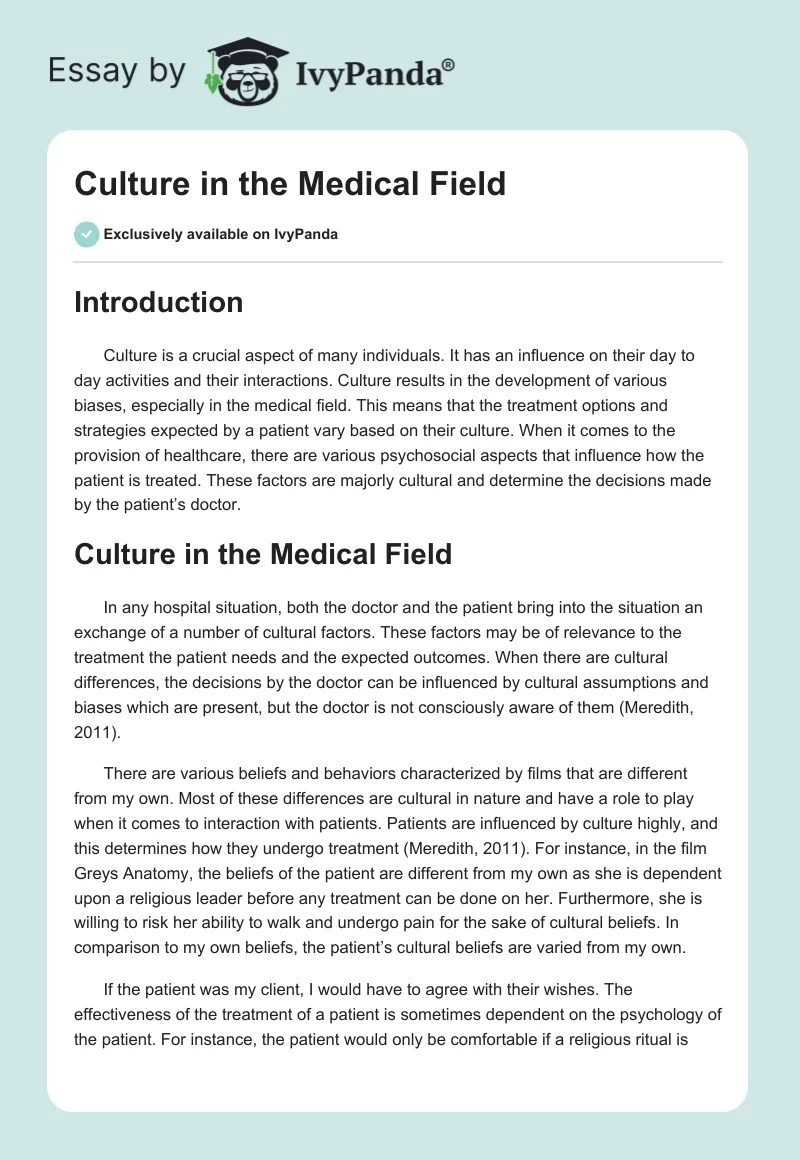 Culture in the Medical Field. Page 1