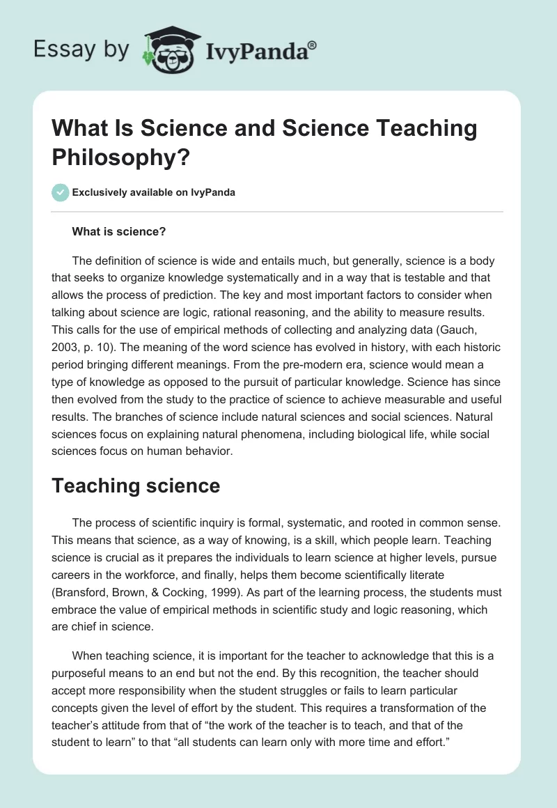 What Is Science and Science Teaching Philosophy?. Page 1