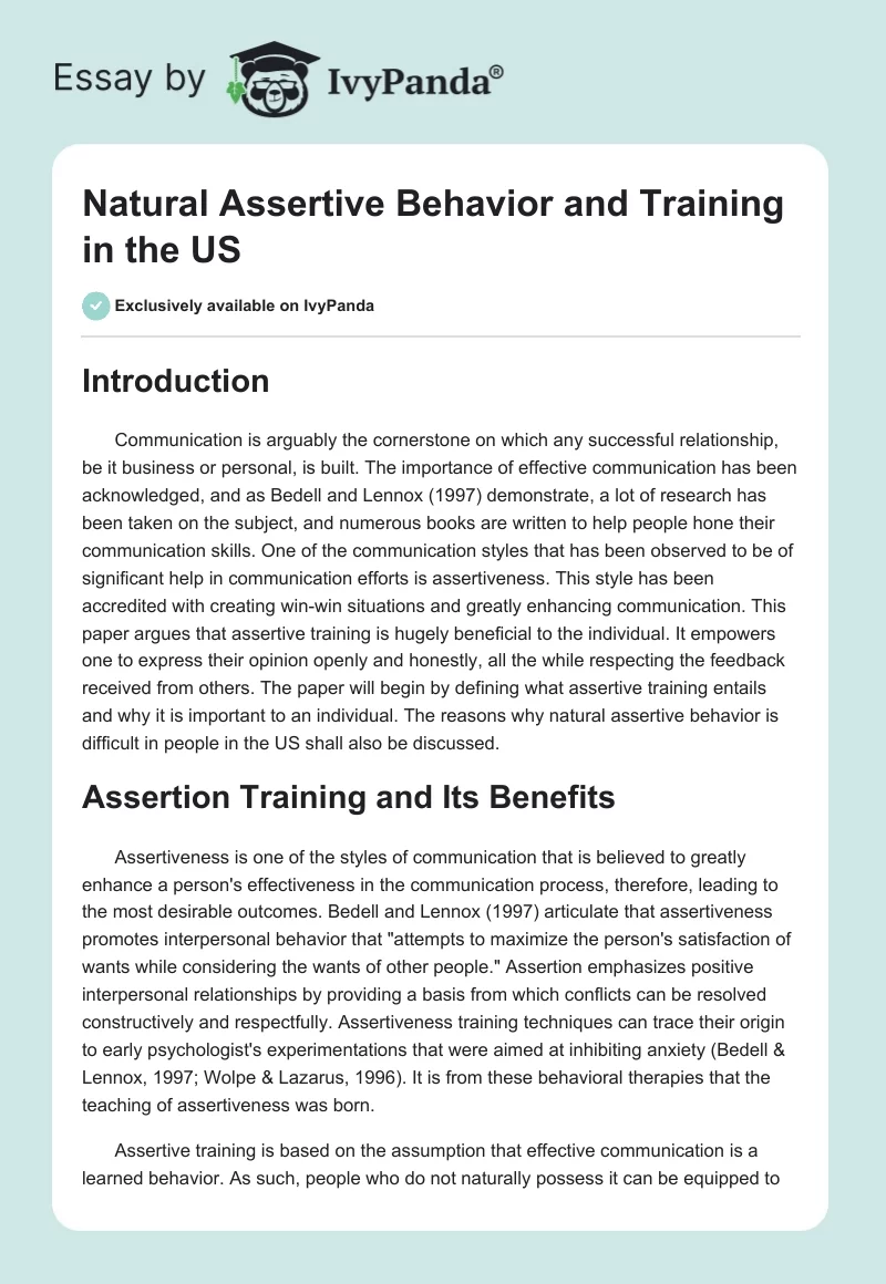 Natural Assertive Behavior and Training in the US. Page 1