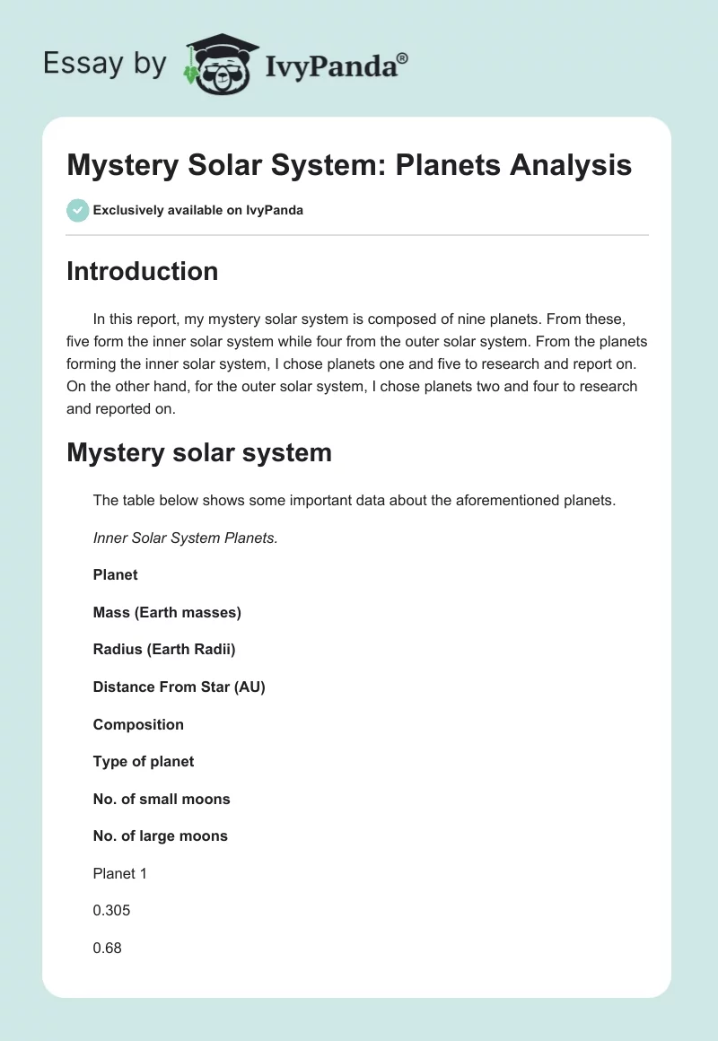 Mystery Solar System: Planets Analysis. Page 1