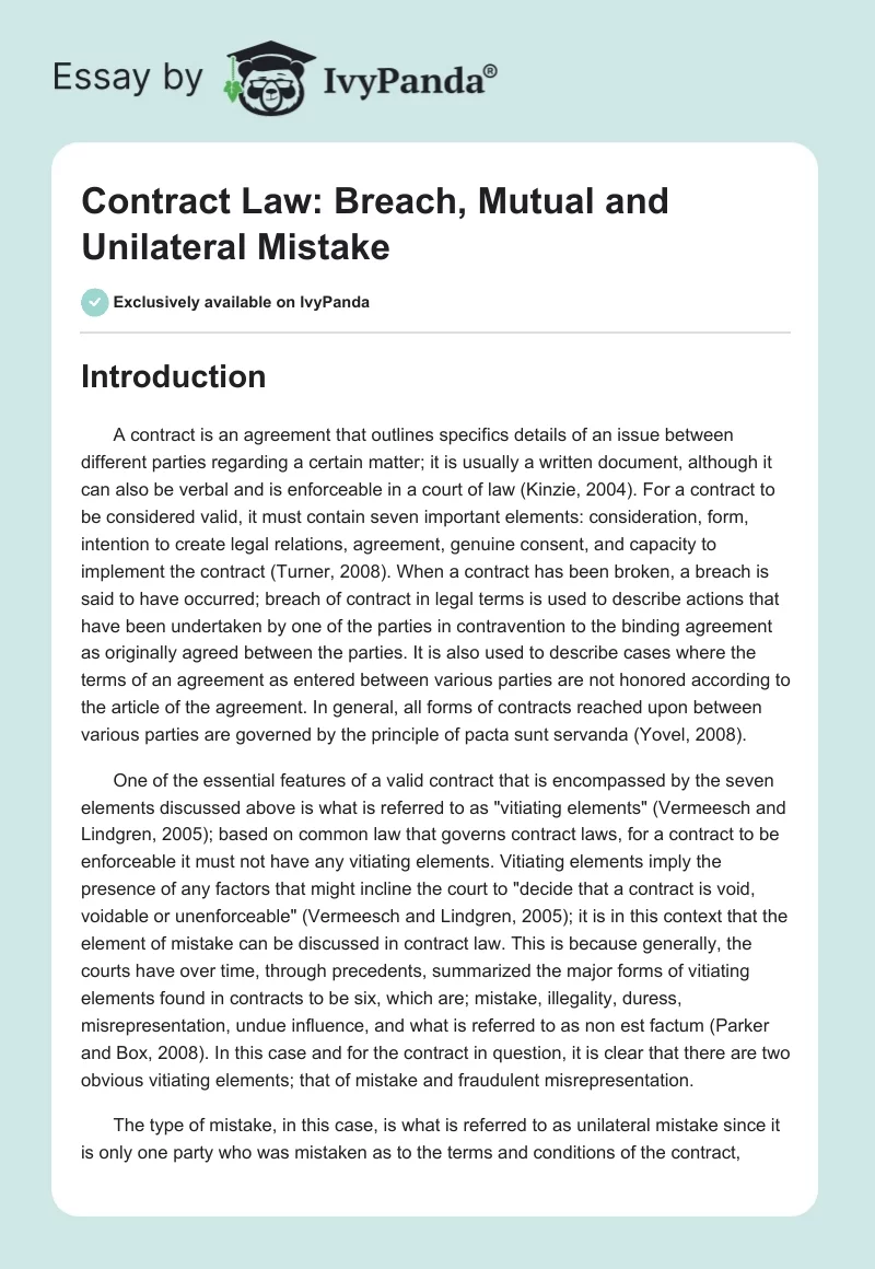 Contract Law: Breach, Mutual and Unilateral Mistake. Page 1