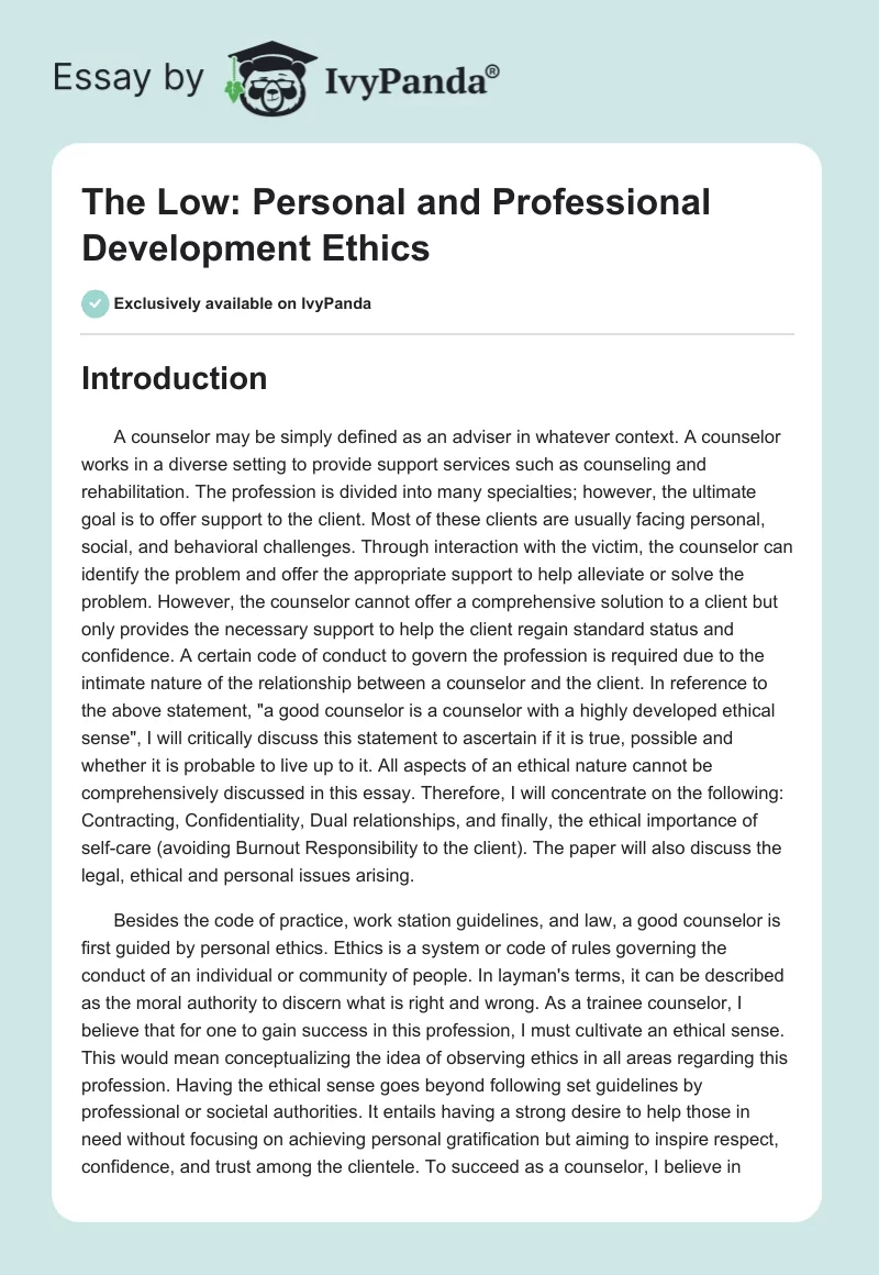 The Low: Personal and Professional Development Ethics. Page 1