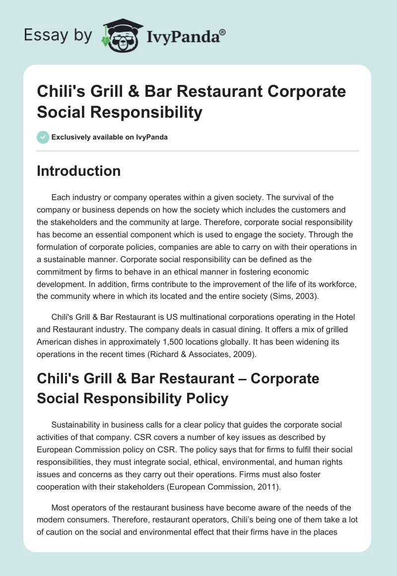 Chili's Grill & Bar Restaurant Corporate Social Responsibility. Page 1