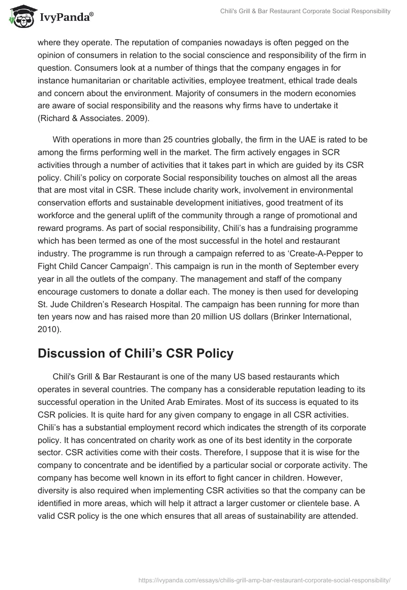 Chili's Grill & Bar Restaurant Corporate Social Responsibility. Page 2