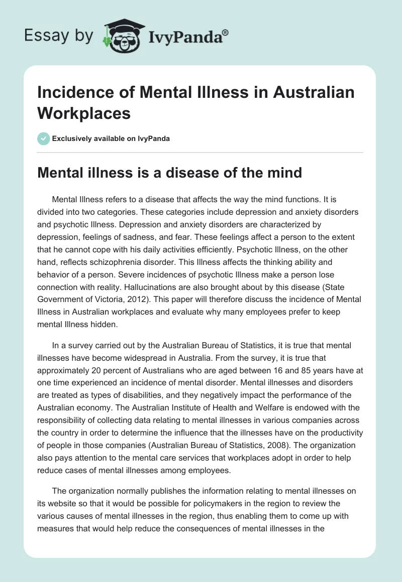 Incidence of Mental Illness in Australian Workplaces. Page 1