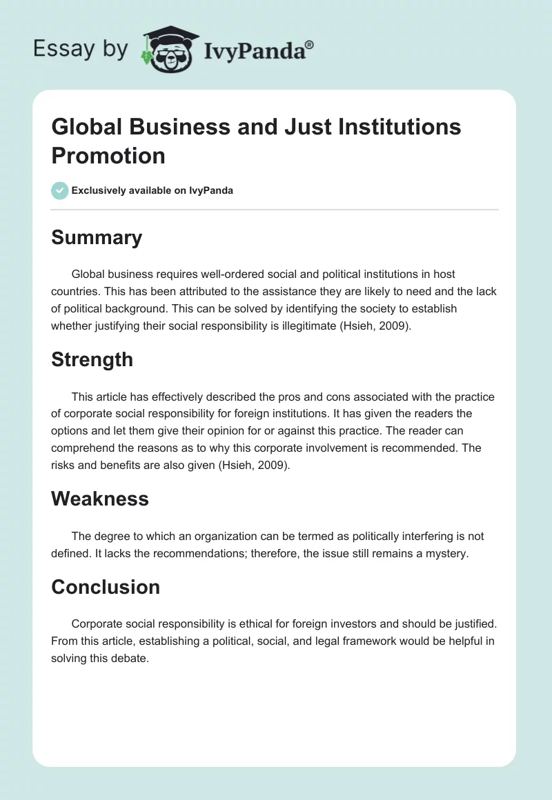Global Business and Just Institutions Promotion. Page 1