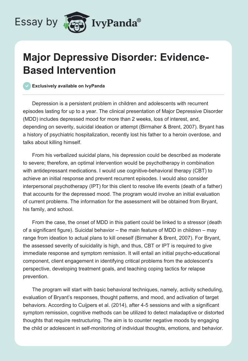 Major Depressive Disorder: Evidence-Based Intervention. Page 1
