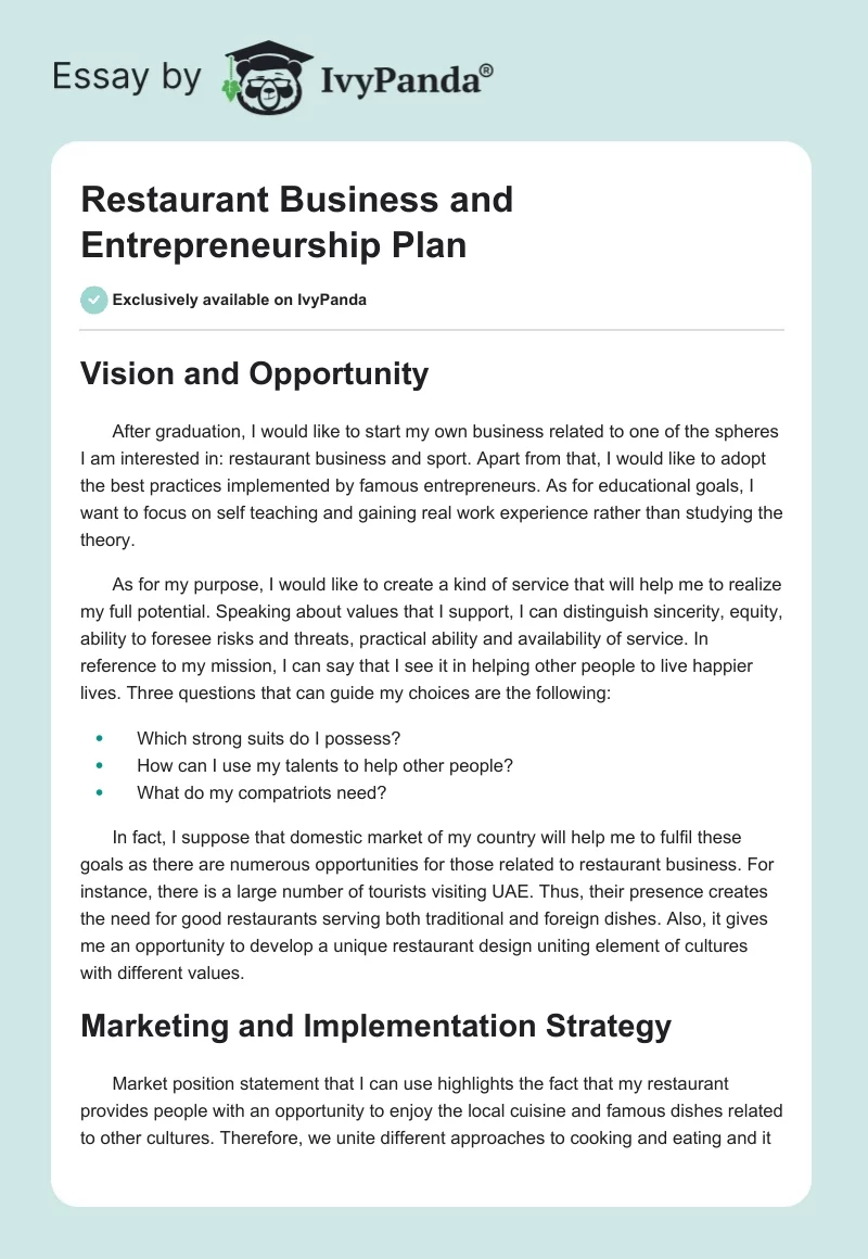 Restaurant Business and Entrepreneurship Plan. Page 1