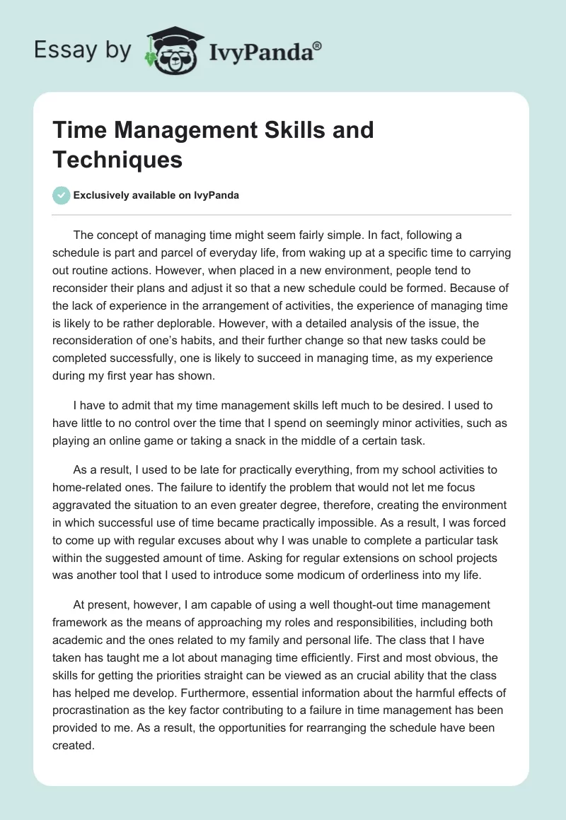 Time Management Skills and Techniques. Page 1