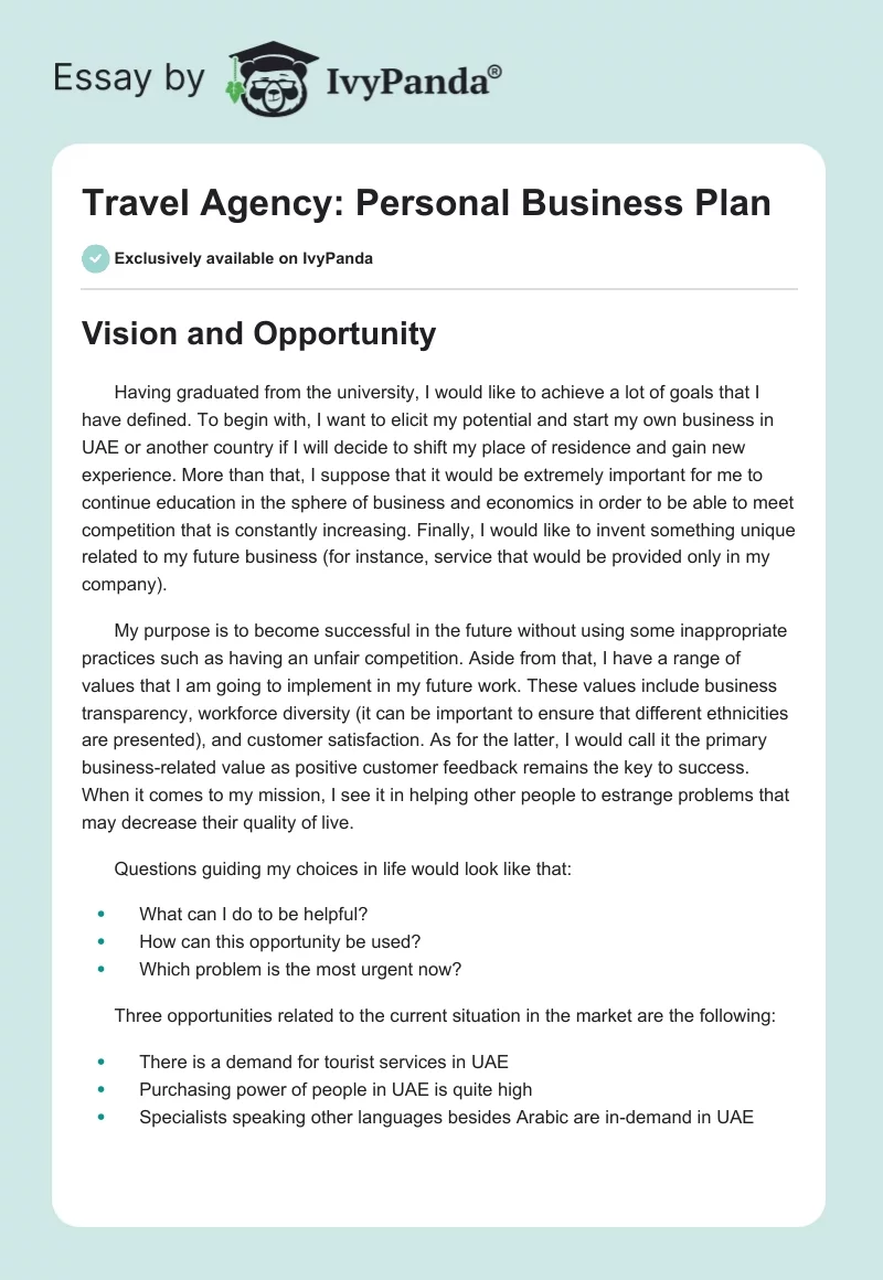 Travel Agency: Personal Business Plan. Page 1