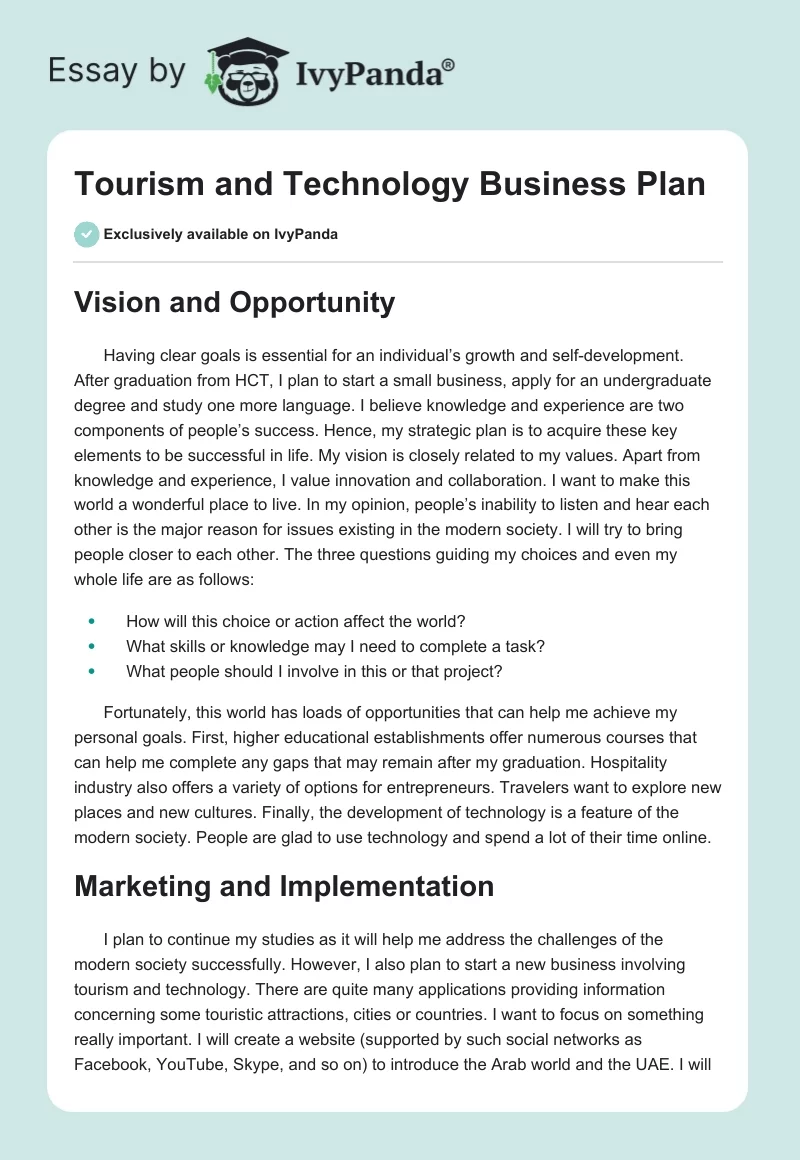 Tourism and Technology Business Plan. Page 1