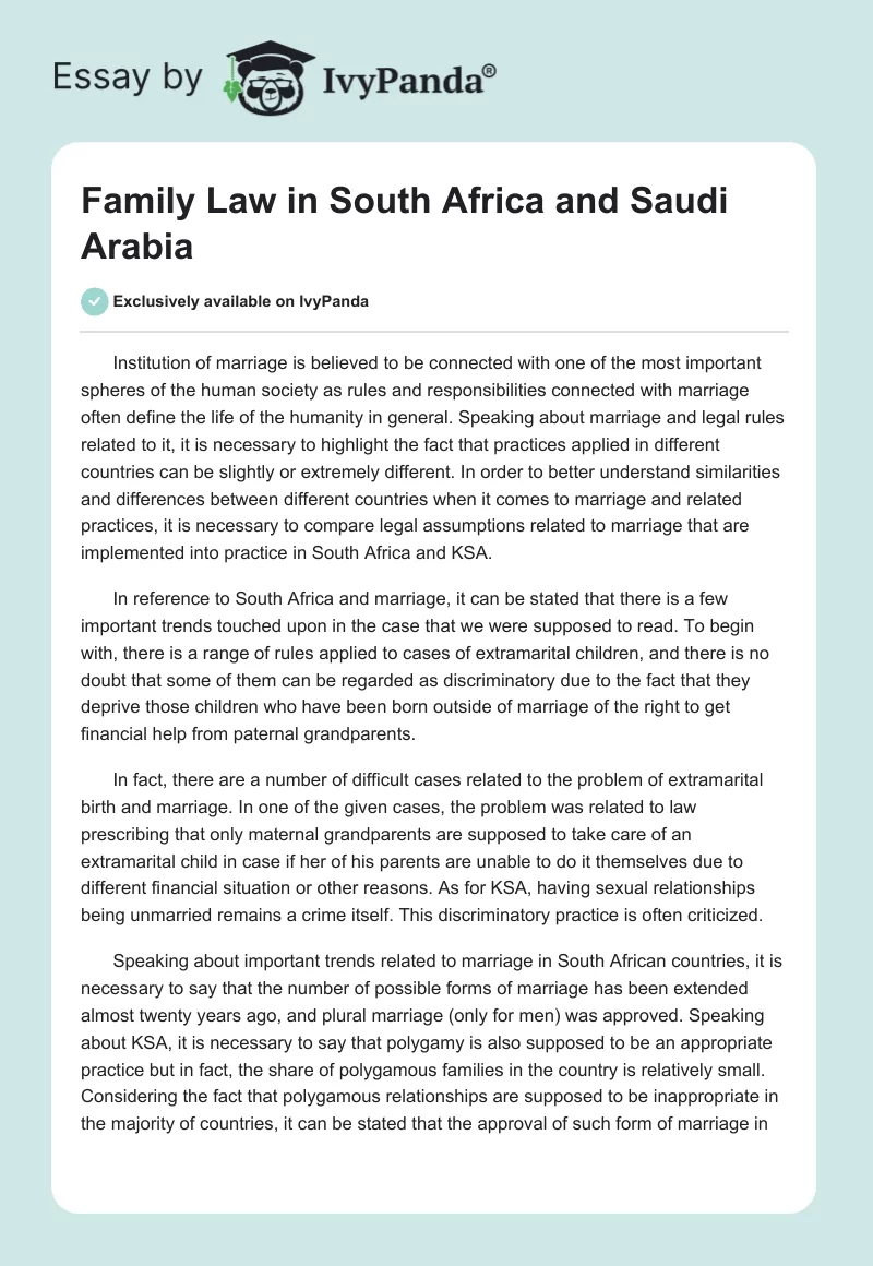 Family Law in South Africa and Saudi Arabia. Page 1