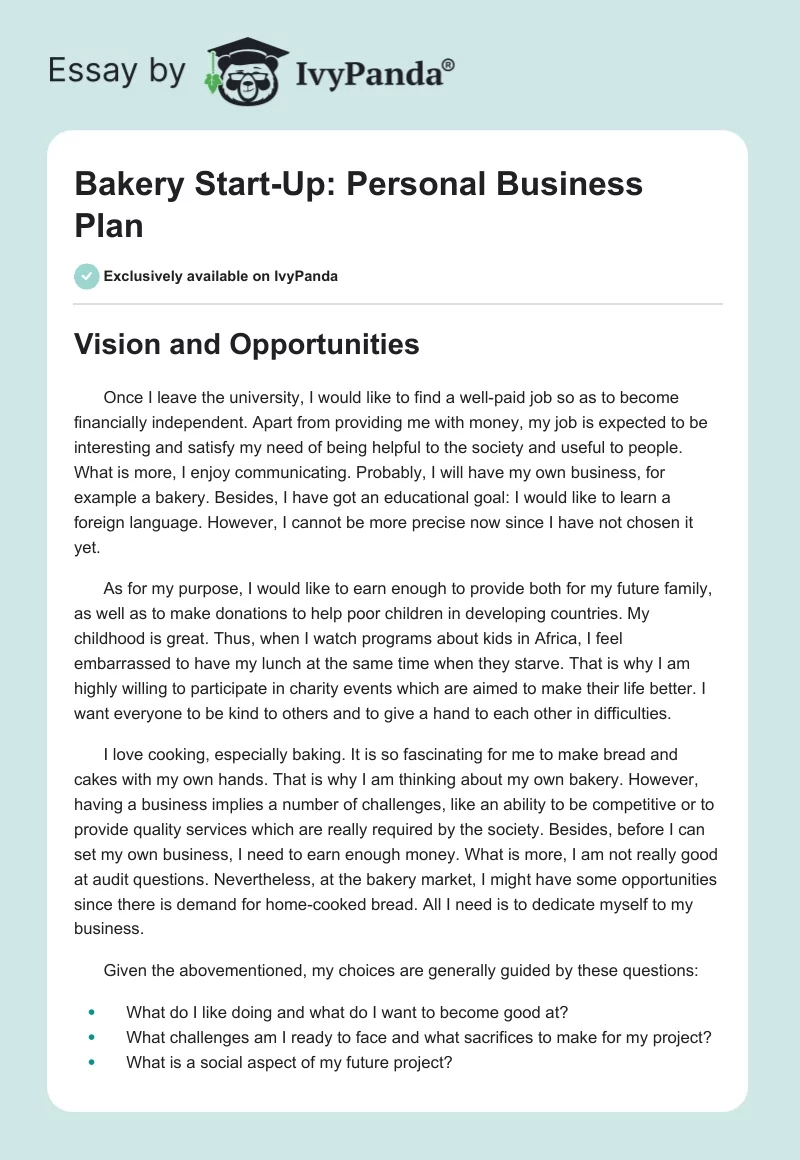 Bakery Start-Up: Personal Business Plan. Page 1
