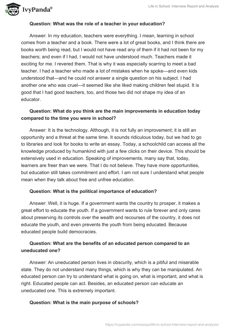 Life in School: Interview Report and Analysis. Page 2