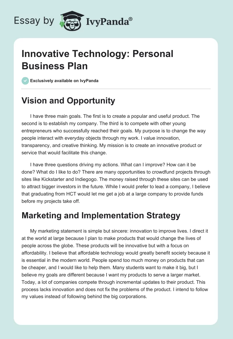 Innovative Technology: Personal Business Plan. Page 1