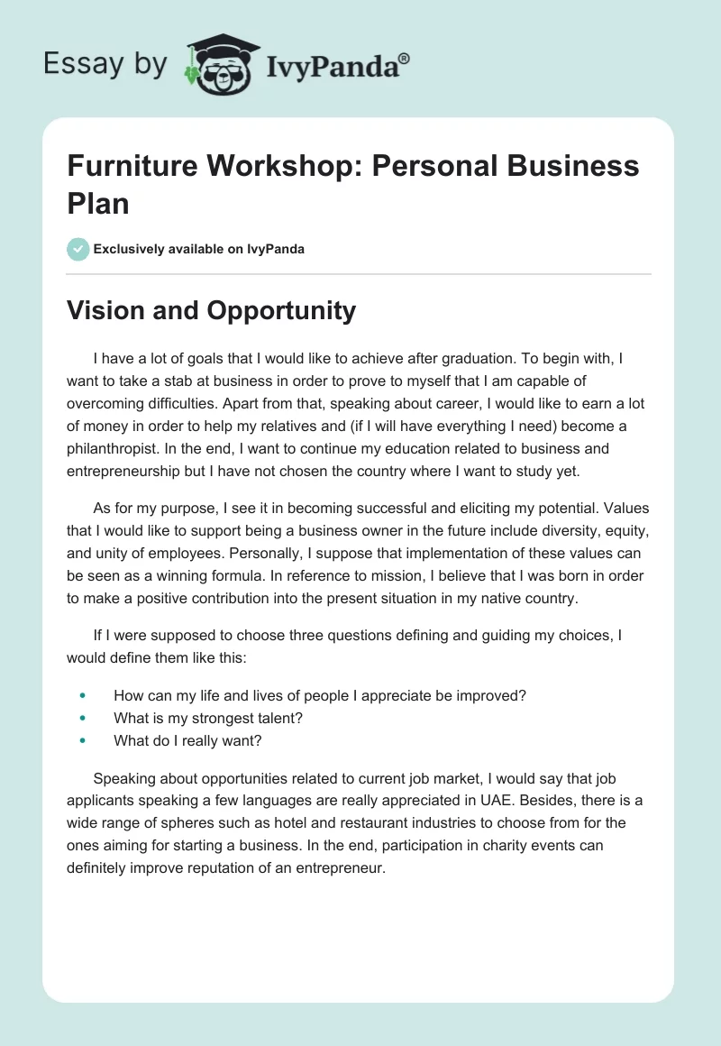 Furniture Workshop: Personal Business Plan. Page 1