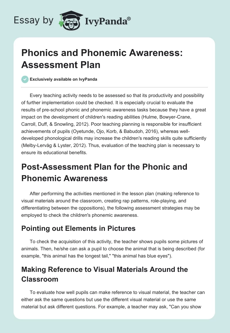 Phonics and Phonemic Awareness: Assessment Plan. Page 1