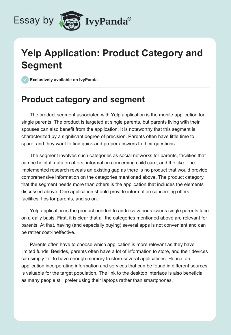 Yelp Application: Product Category and Segment. Page 1
