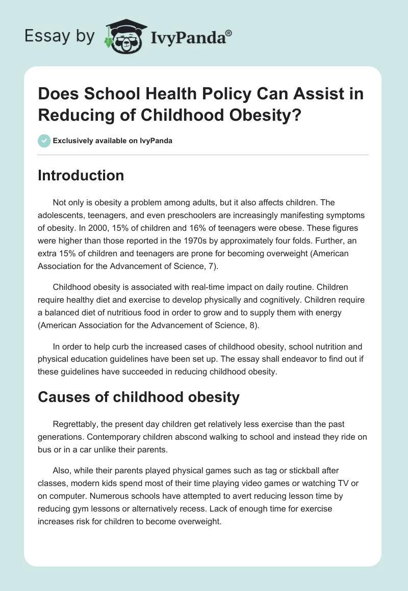 Does School Health Policy Can Assist in Reducing of Сhildhood Obesity?. Page 1