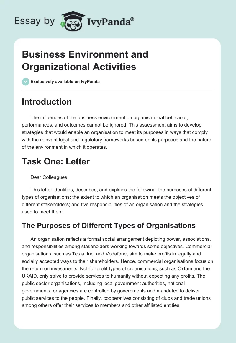 Business Environment and Organizational Activities. Page 1