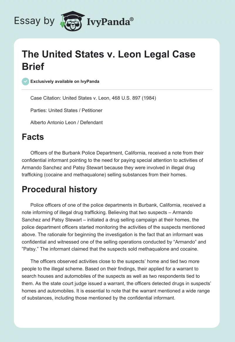 The United States v. Leon Legal Case Brief. Page 1