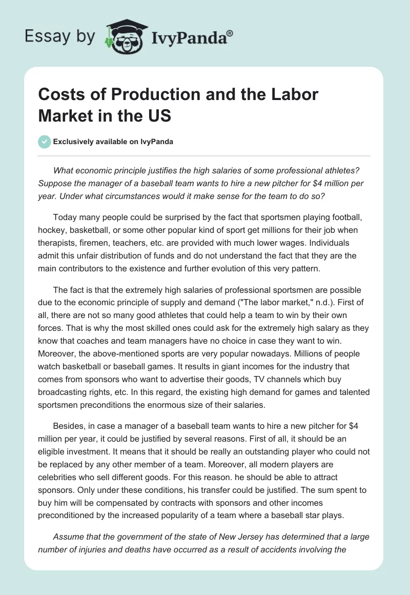 Costs of Production and the Labor Market in the US. Page 1