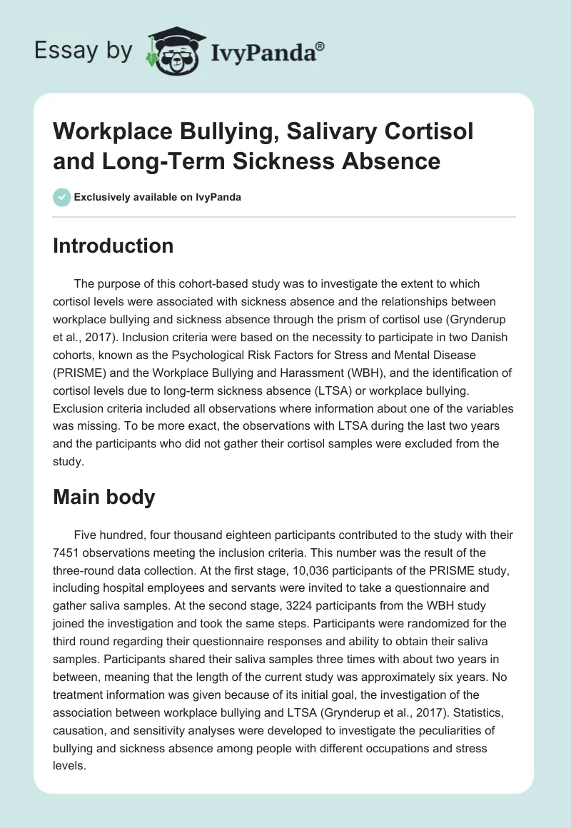 Workplace Bullying, Salivary Cortisol and Long-Term Sickness Absence. Page 1