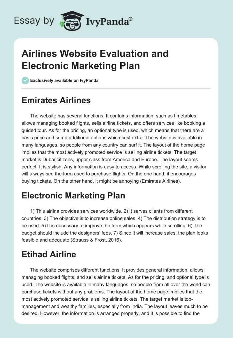 Airlines Website Evaluation and Electronic Marketing Plan. Page 1