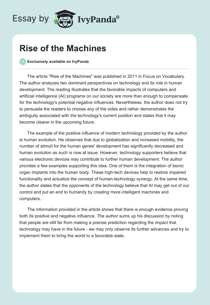 Rise of the Machines - 296 Words | Book Review Example